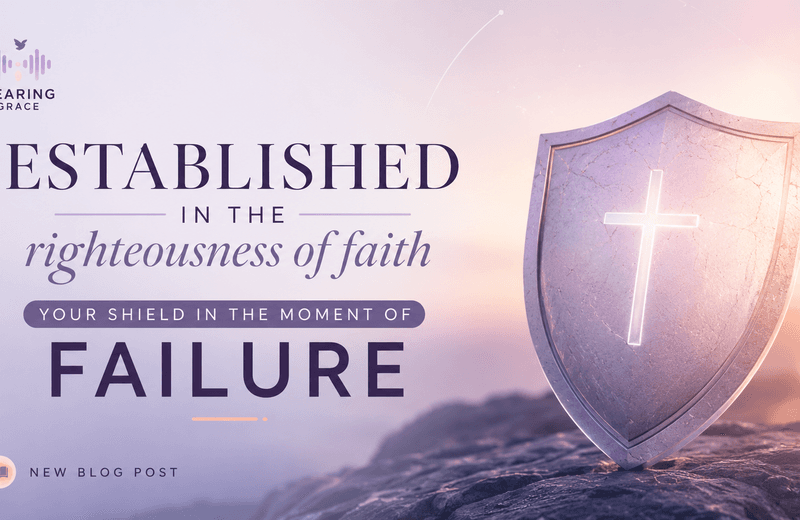 A stone shield with a glowing cross standing on rocky ground at sunrise, representing being established in the righteousness of faith as a shield in moments of failure.